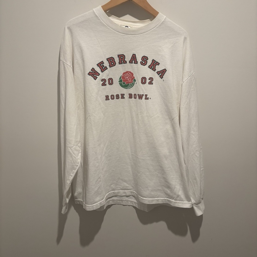 Vintage Y2K Nebraska Football Rose Bowl XXL Long Sleeve Tee Shirt White 2002